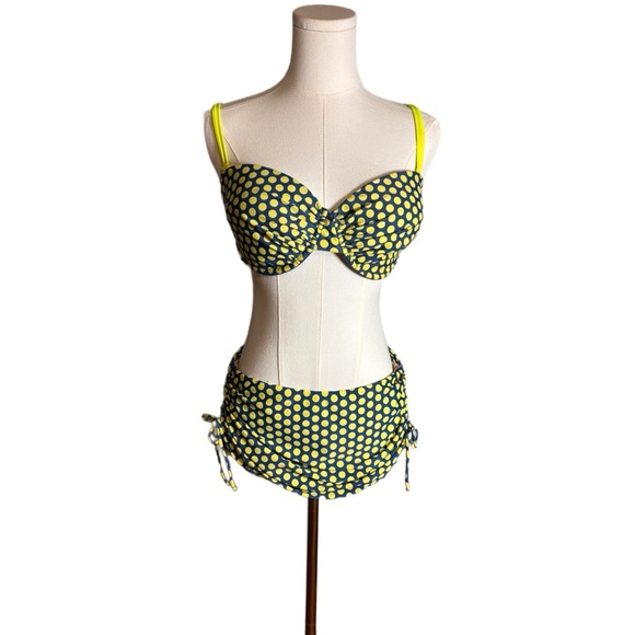 J.CREW Polka Dot Bikini size Medium Blue and Yellow Neon Straps - Picture 1 of 5